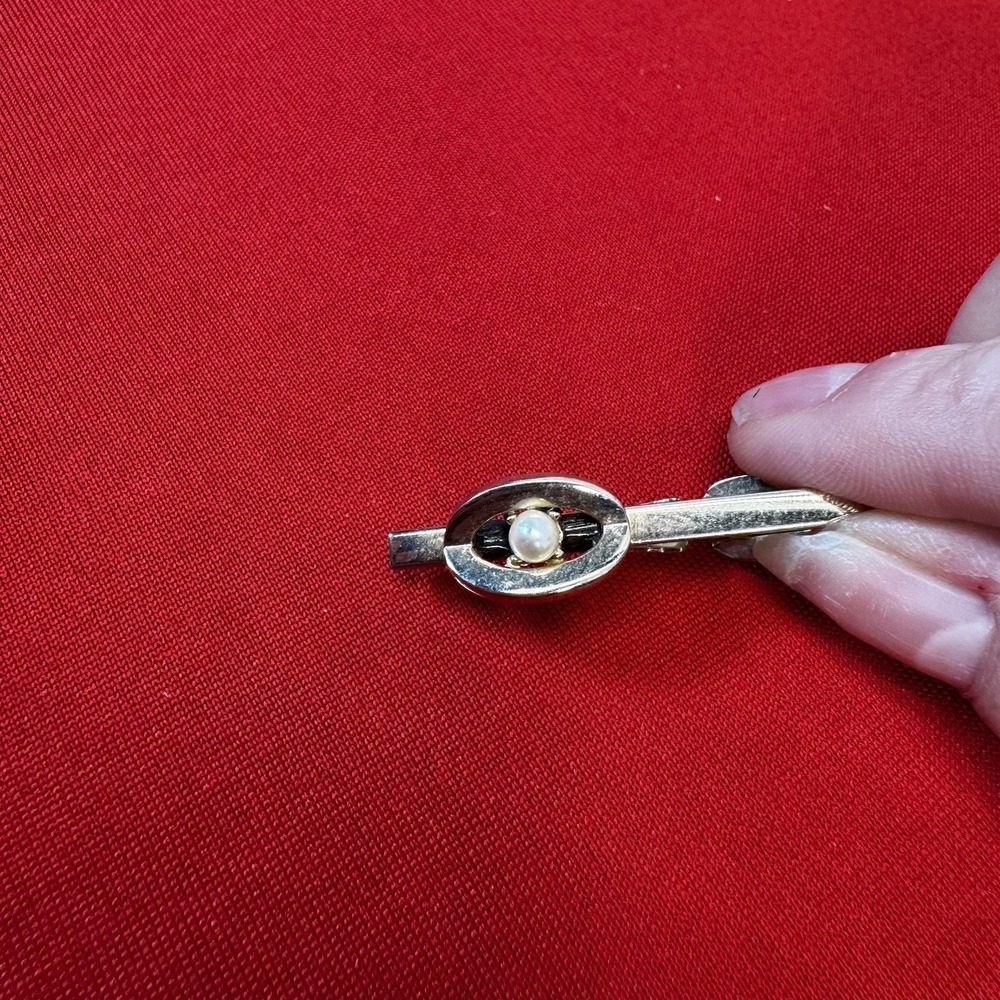 Vintage Shiny Gold Tone TIE‎ BAR CLIP CLASP STAY Faux Pearl